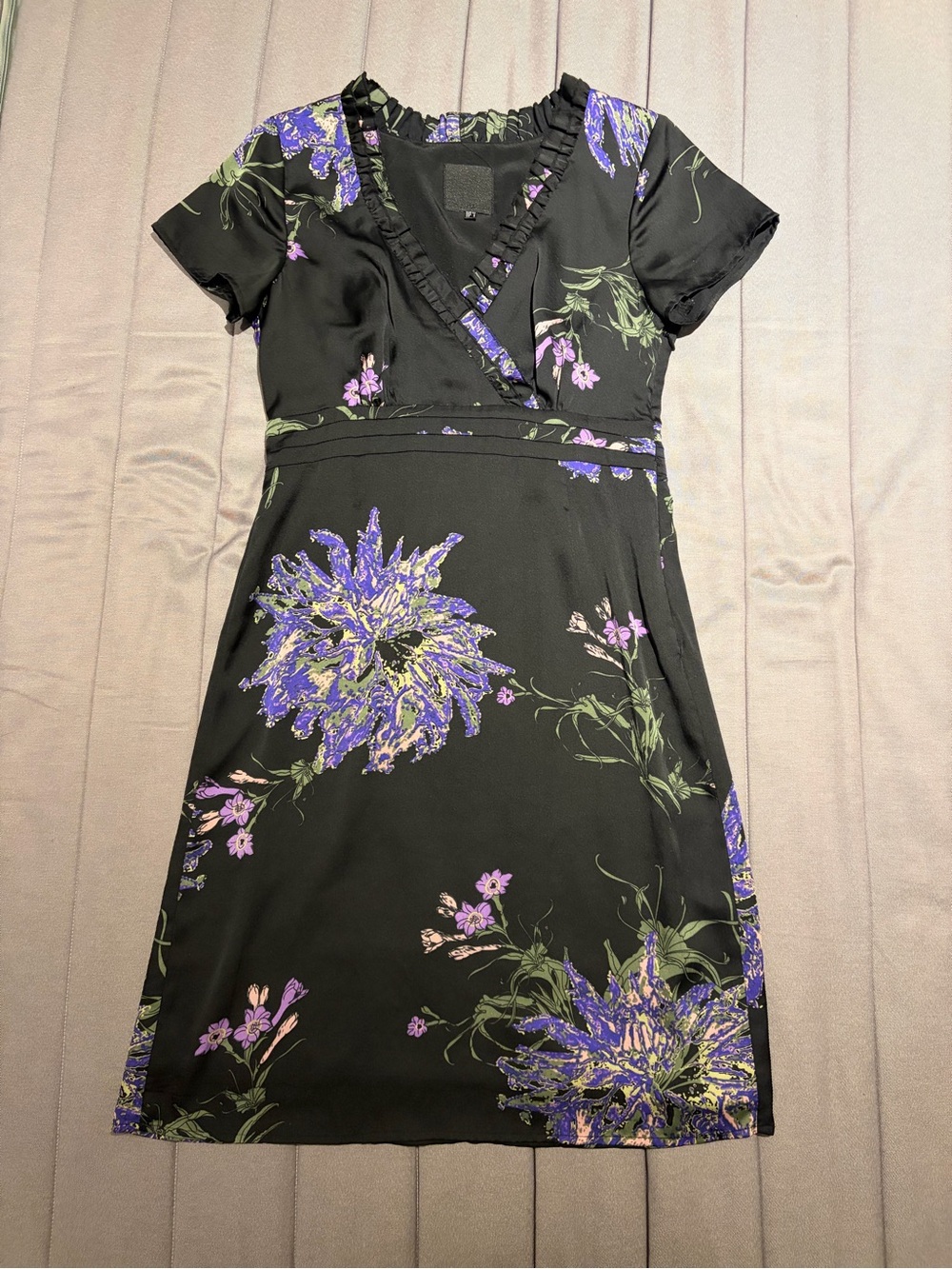 Black Floral-Print Midi Wrap Dress with Purple Accents